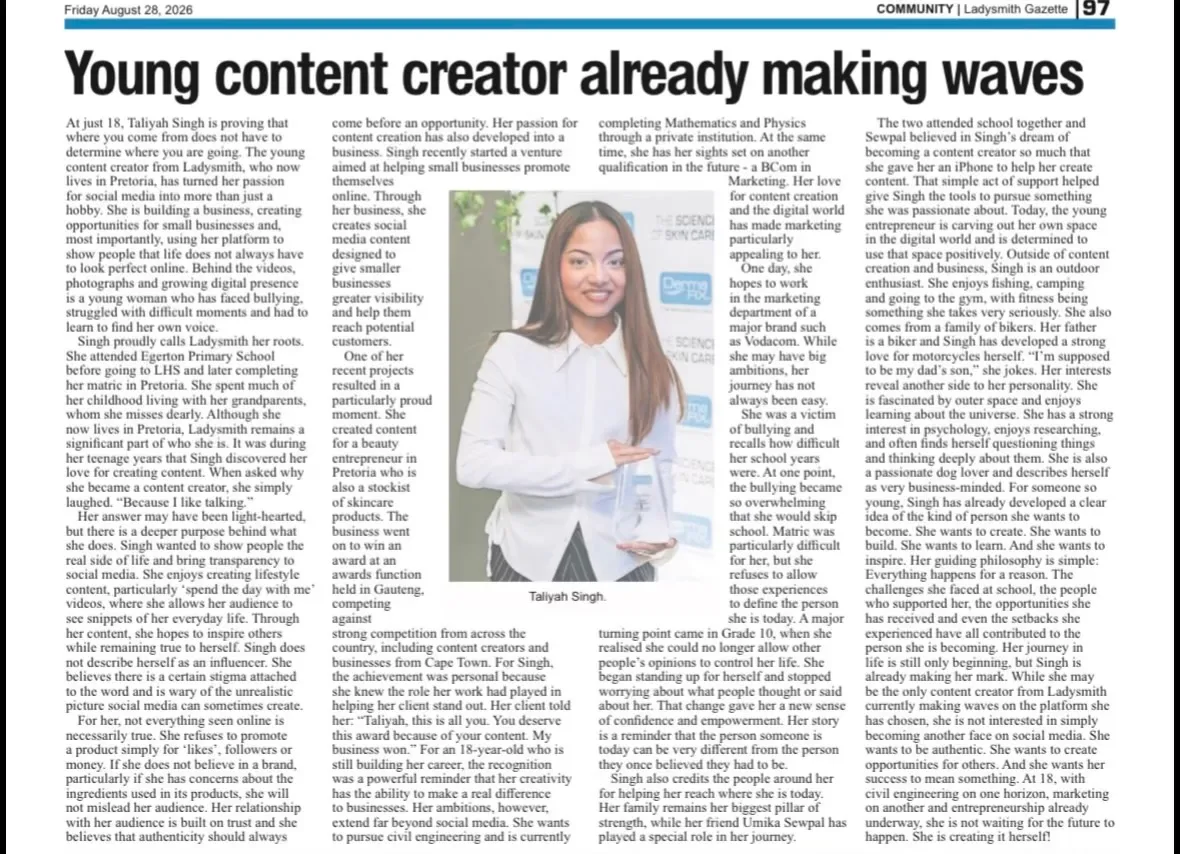 Ladysmith Gazette article: Young content creator already making waves